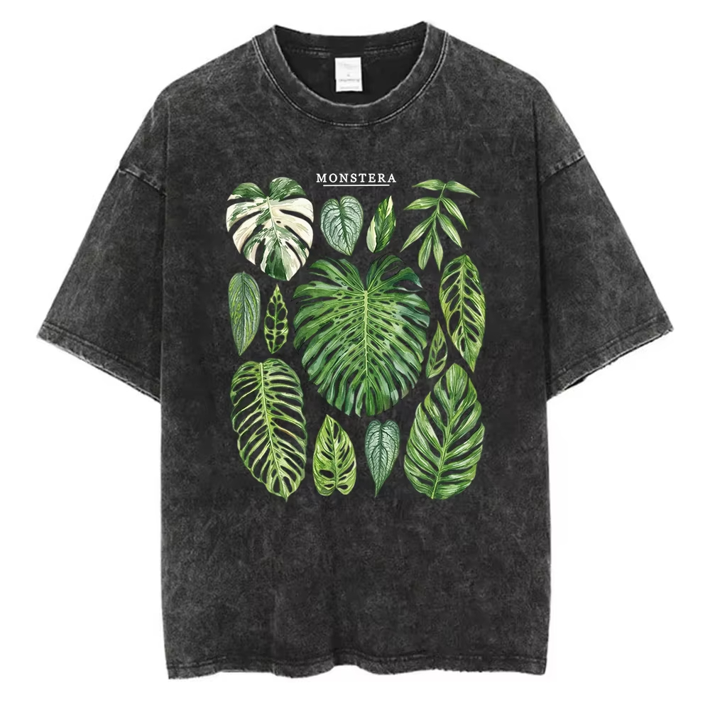 Acid Wash Vintage Graphic T Shirt - تي شيرت بتصميم أوراق المونستيرا من