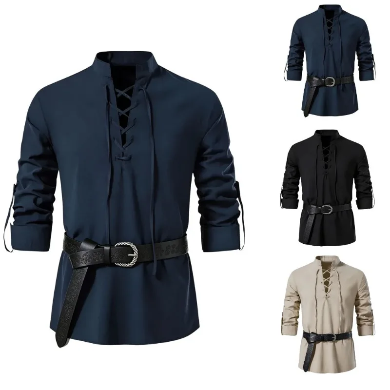 Medieval Gothic Lace Up Pirate Shirt - قميص رجالي من القرون الوسطى بتصميم