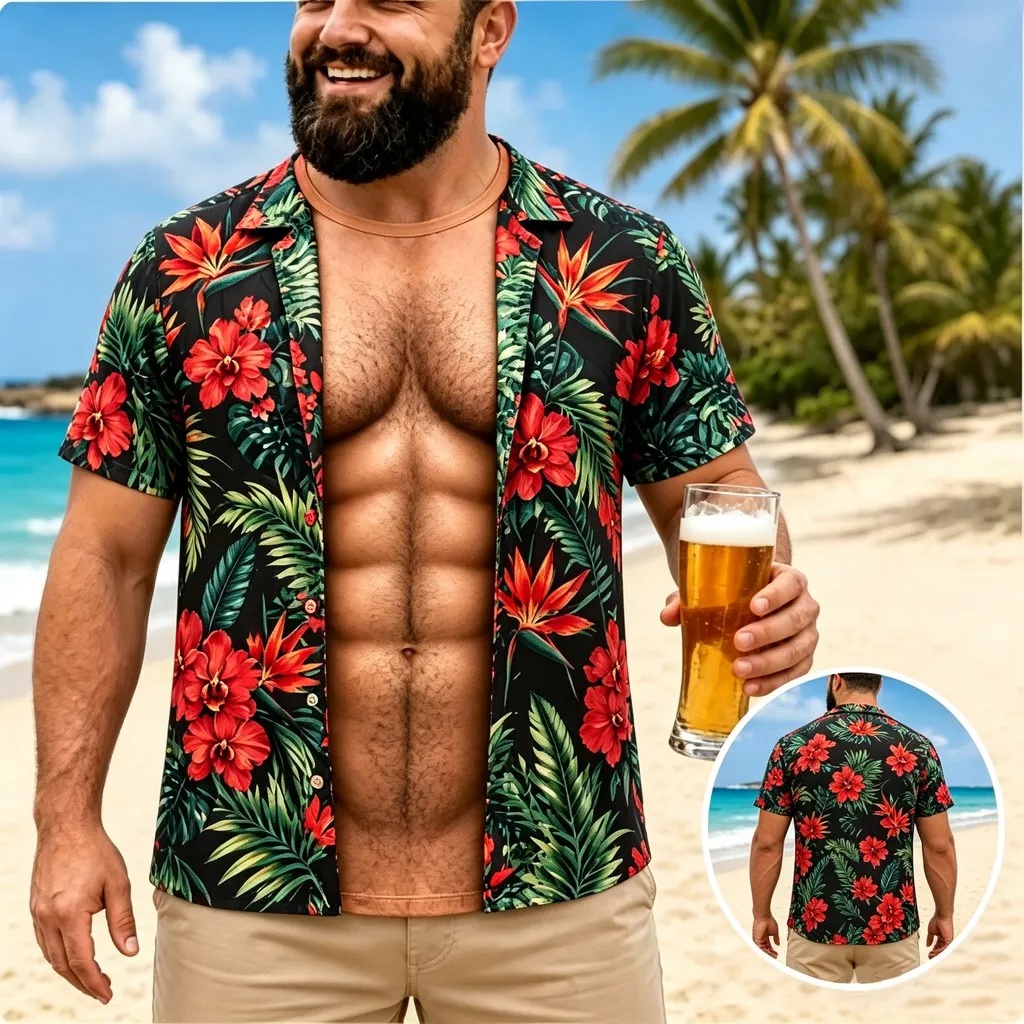 Vintage Hawaiian Floral Shirt - قميص هاواي جديد للرجال بأكمام قصيرة