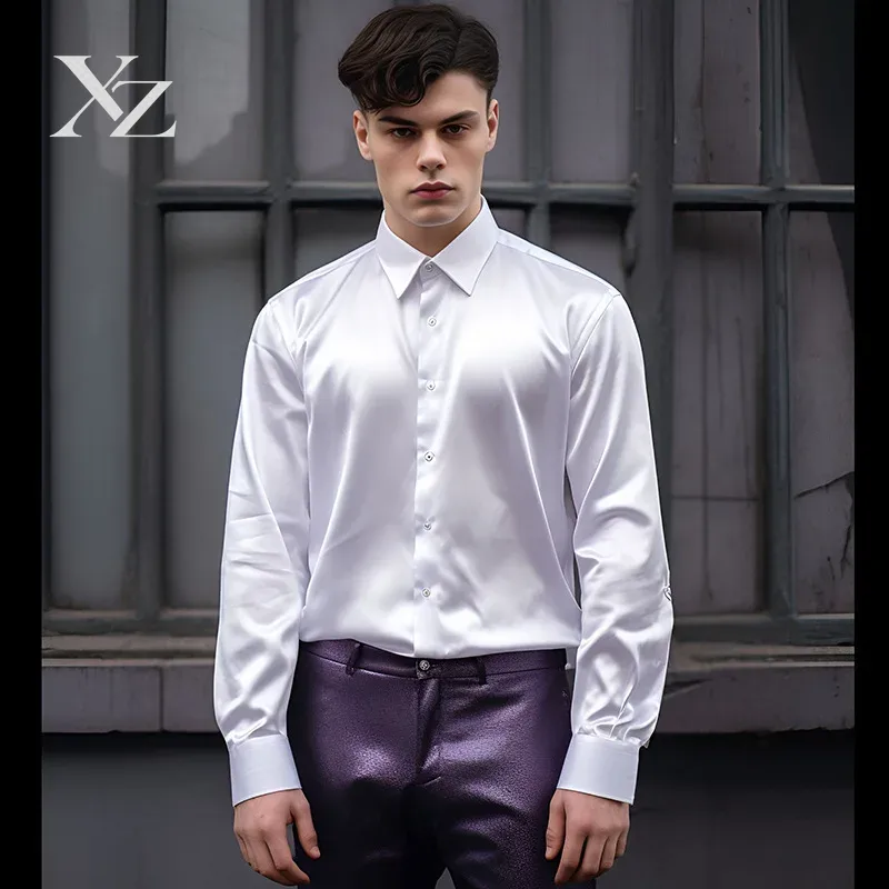 Mens Satin Silk Dress Shirt - قميص رجالي طويل الأكمام من الساتان