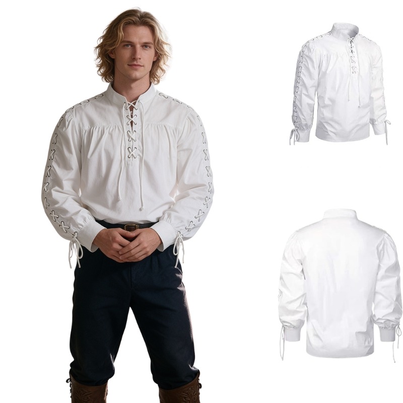 قميص رجالي كلاسيكي بأكمام طويل - مراجعة Medieval Gothic Lace Up Pirate Shirt وسعره